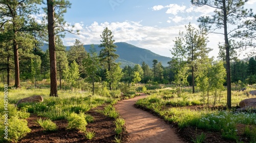 Obraz na płótnie A serene hiking trail surrounded by newly planted trees, inviting outdoor enthusiasts to enjoy and appreciate the beauty of restored natural landscapes. w salonie