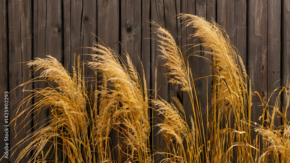 Golden ornamental grasses against textured wood backdrop.