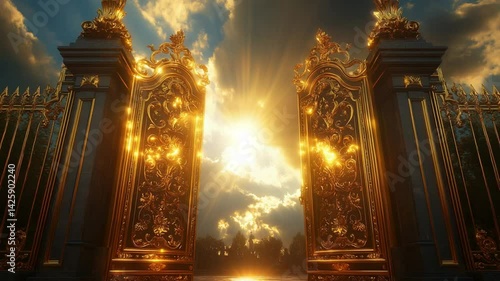 Golden Gates opening to reveal a breathtaking sunrise and ethereal beauty