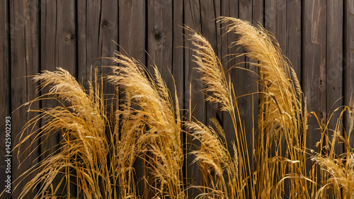 Obraz na płótnie Golden ornamental grasses against textured wood backdrop. w salonie