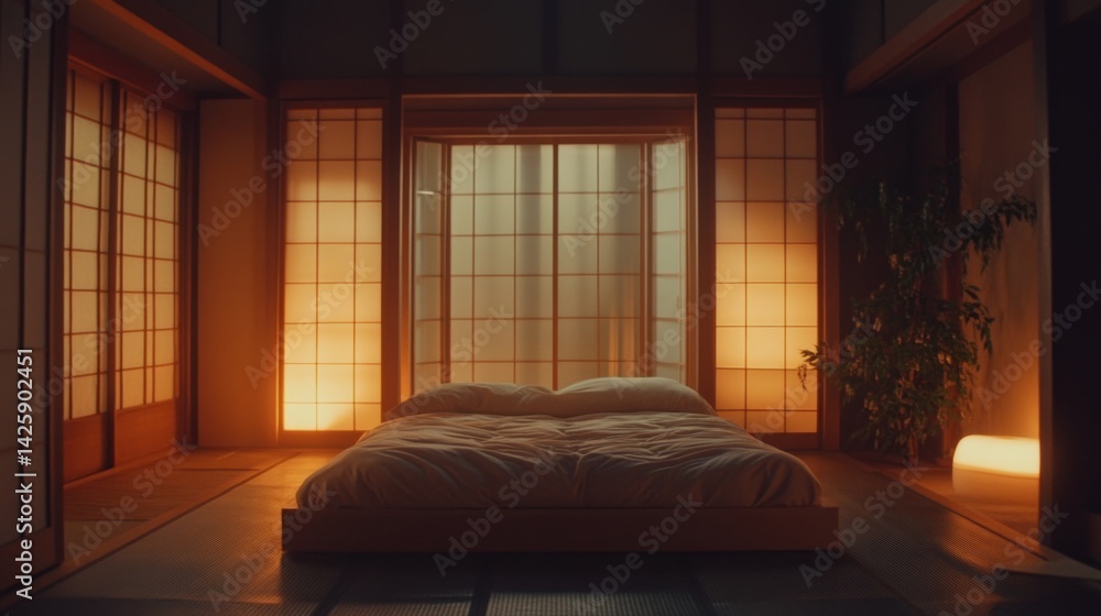 A serene Japanese bedroom with traditional tatami mats, a low wooden bed, and sliding doors, with soft light spilling in from paper windows