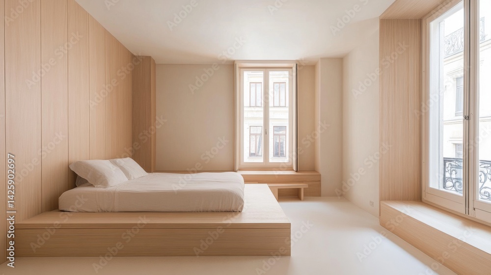A serene minimalist bedroom with an uncluttered space, featuring a simple bed with soft, neutral bedding, large windows, and light wooden accents