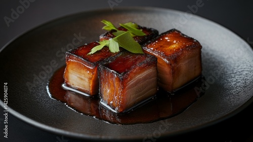 Obraz na płótnie A serving of fried pork belly with a glistening fish sauce coating, placed on a dark stone plate, with warm lighting creating a rich, appetizing atmosphere w salonie
