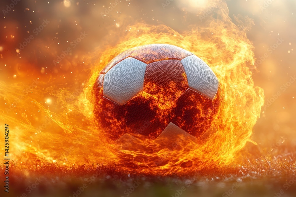 Fototapeta premium A fiery soccer ball rolling on the ground at dusk, creating an intense visual effect