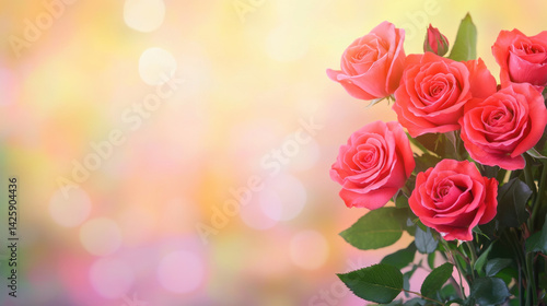 bouquet of beautiful crimson roses stands elegantly against bright, colorful background, evoking feelings of love and joy. vibrant petals and lush green leaves create stunning visual display