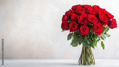 stunning bouquet of beautiful crimson roses arranged elegantly, showcasing their vibrant color against soft background. This floral display evokes feelings of love and admiration
