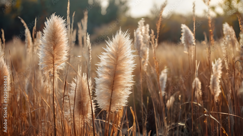 Abstract natural background of soft plants Cortaderia selloana. Pampas grass on a blurry bokeh, Dry reeds boho style. Fluffy stems of tall grass in autumn, soft focus. High quality photo