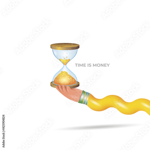 The hand holds an hourglass. Time is money. The concept of proper time allocation in business.