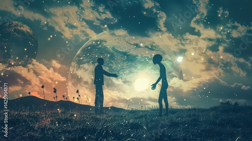 A silhouette of a human and an alien reaching out to each other on a grassy field with planets