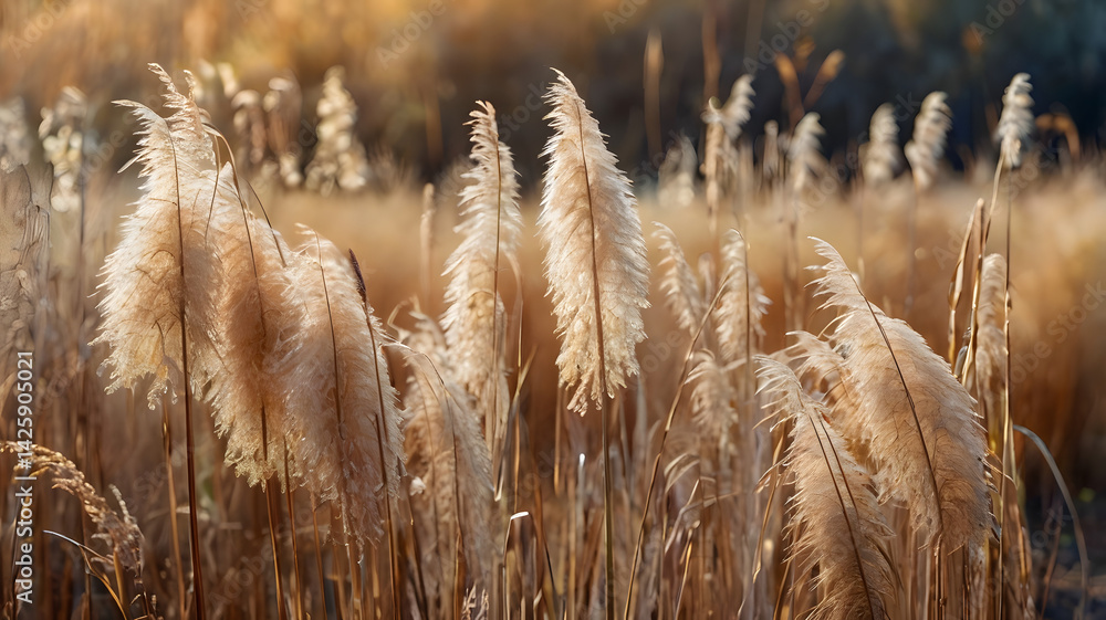 Abstract natural background of soft plants Cortaderia selloana. Pampas grass on a blurry bokeh, Dry reeds boho style. Fluffy stems of tall grass in autumn, soft focus. High quality photo
