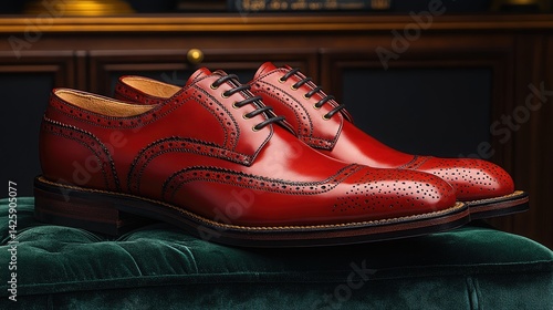 Elegant and stylish red leather brogue shoes displayed on a plush velvet surface, showcasing fine craftsmanship and design details
