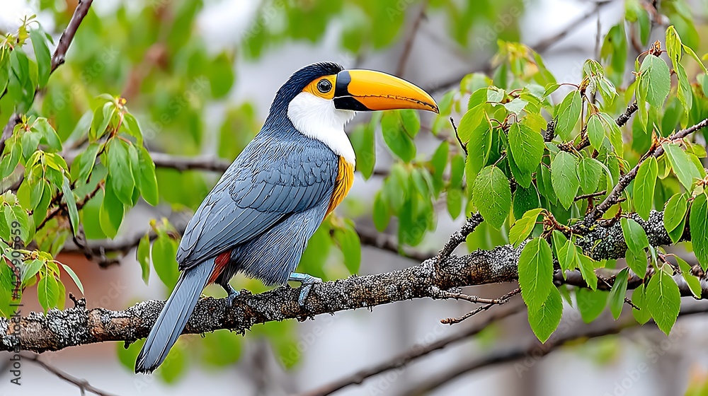 Naklejka premium Elegant Toucan Perched on Branch with Striking Orange Beak