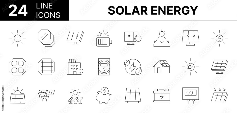 Collection of 24 Solar Energy line icons featuring editable strokes. These outline icons depict various modes of Solar Energy, Solar power, renewable energy, solar panels, Collection of 24 Solar Energy line icons featuring editable strokes. These outline icons depict various modes of Solar Energy, Solar power, renewable energy, solar panels,