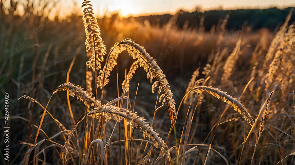 Calamagrostis arundinacea at sunset field. Bushgrass grass inflorescence. Herb garden with ornamental grasses in autumn. Dry reeds boho style. High quality photo