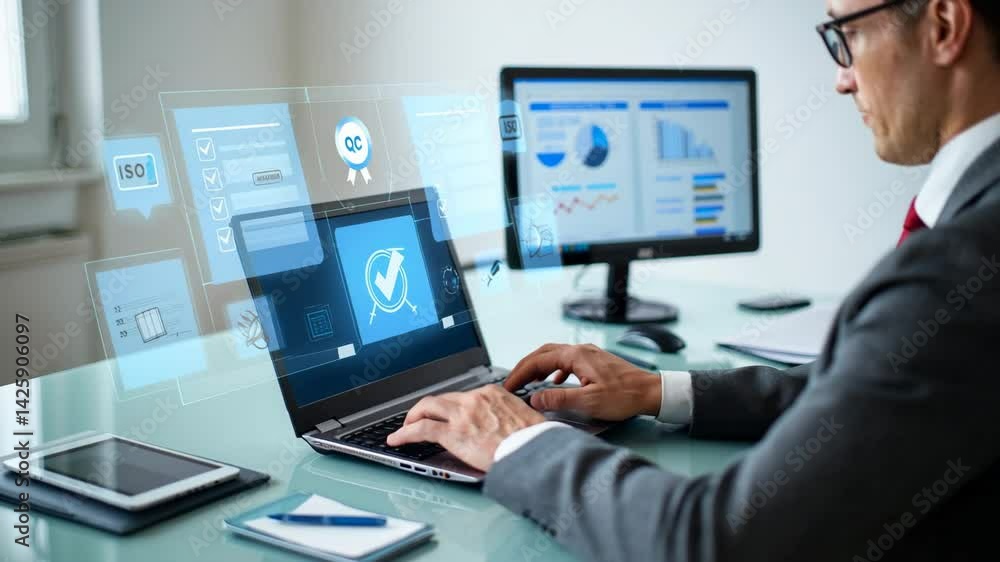 Professional Male in Formal Attire Working in a Modern Office Environment with Multiple Screens Displaying Data Analytics and Quality Control Graphics Professional Male in Formal Attire Working in a Modern Office Environment with Multiple Screens Displaying Data Analytics and Quality Control Graphics