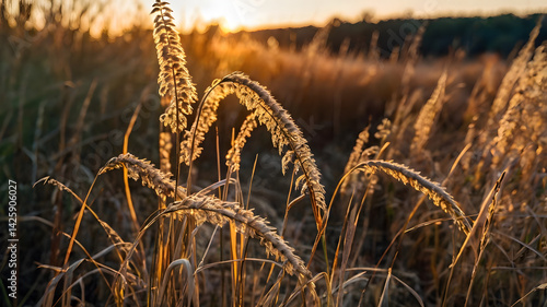 Obraz na płótnie Calamagrostis arundinacea at sunset field. Bushgrass grass inflorescence. Herb garden with ornamental grasses in autumn. Dry reeds boho style. High quality photo w salonie