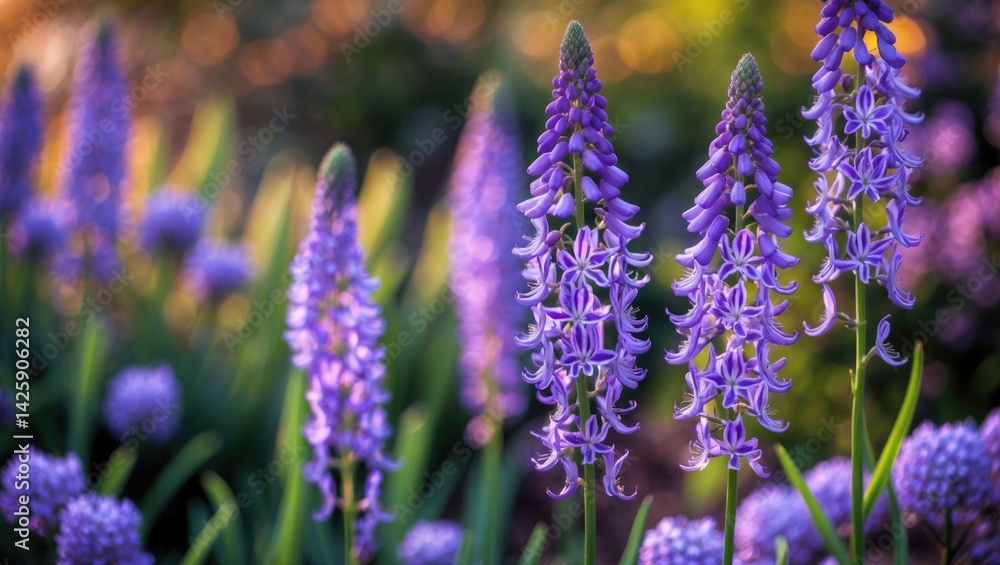 Fototapeta premium Close-up Side View of the Freshness of Long-stemmed Purple Flowers in the Garden