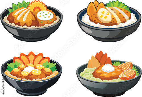 Set of Katsu don, fried chicken cutlet and rice bowl on transparent background.
