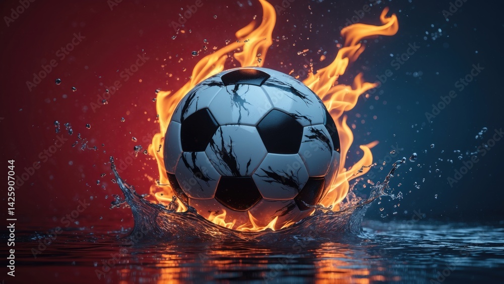 Fototapeta premium Soccer ball engulfed in flames with water splashes
