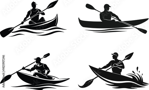 Kayaking silhouette vector illustration isolated on a transparent background.