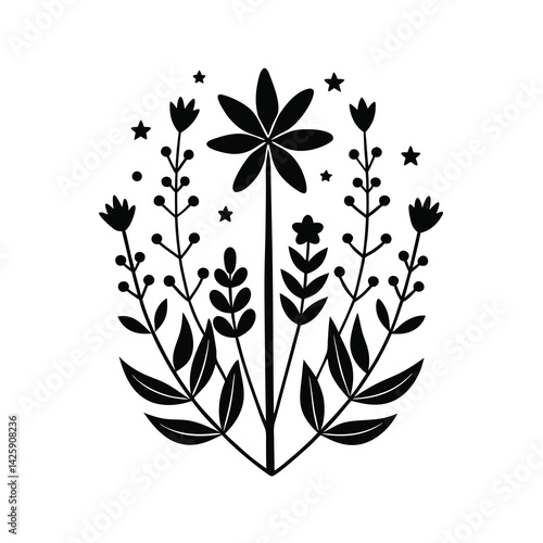 silhouette of lavender flowers black and white illustration