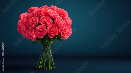 vibrant bouquet of pink carnations stands elegantly against dark blue background, showcasing their lush petals and rich color. This arrangement evokes feelings of joy and beauty
