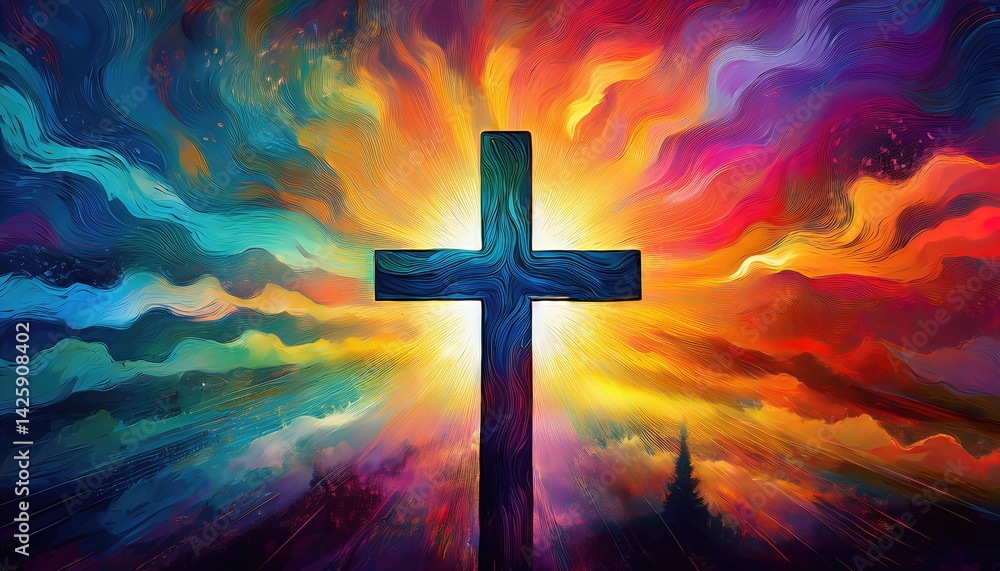 Striking Cross Silhouette in a Vibrant Abstract Backdrop A Spiritual Exploration of Colors and Energy Striking Cross Silhouette in a Vibrant Abstract Backdrop A Spiritual Exploration of Colors and Energy