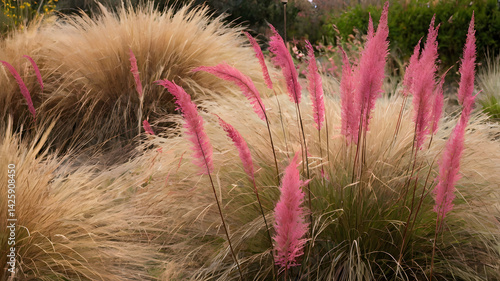 Vibrant pink ornamental grass amongst beige grasses