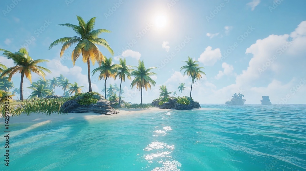 Sunny tropical beach, palm trees, ocean, island paradise Sunny tropical beach, palm trees, ocean, island paradise