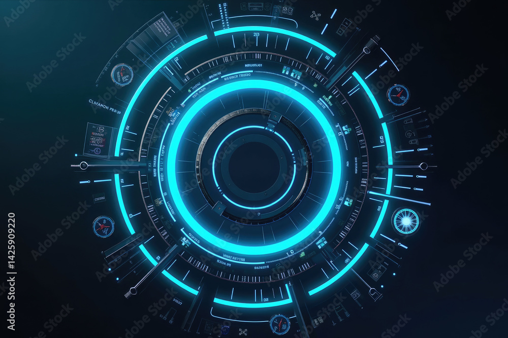 Futuristic Circular Interface with Glowing Neon Rings and Holographic Blue Technology Futuristic Circular Interface with Glowing Neon Rings and Holographic Blue Technology