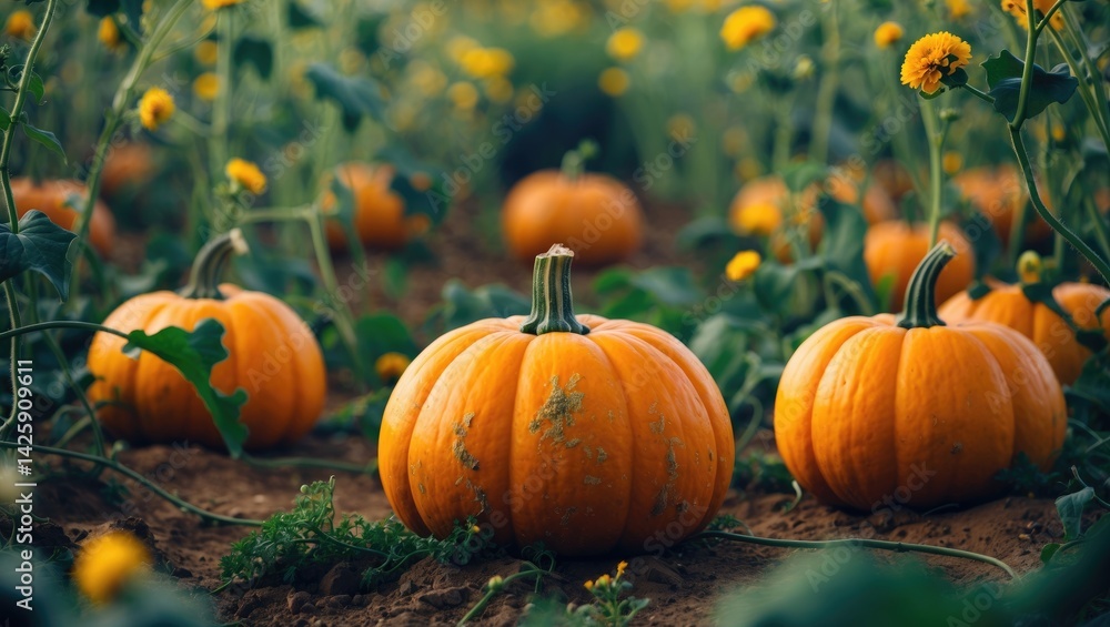 Small round pumpkin with curly vine in farm setting, orange and ripe for harvest. Fresh produce, outdoor scene. Small round pumpkin with curly vine in farm setting, orange and ripe for harvest. Fresh produce, outdoor scene.