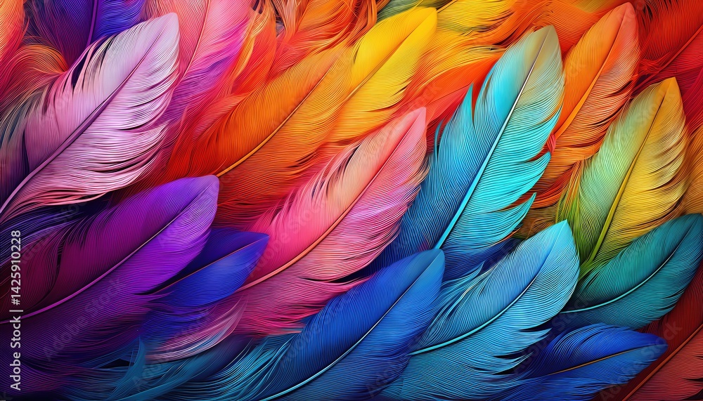 Stunning Array of Vibrant Feathers in a Rainbow Spectrum, Caught MidFlight against a Backdrop of Lush Tropical Greenery and Sunlit Skies. Stunning Array of Vibrant Feathers in a Rainbow Spectrum, Caught MidFlight against a Backdrop of Lush Tropical Greenery and Sunlit Skies.