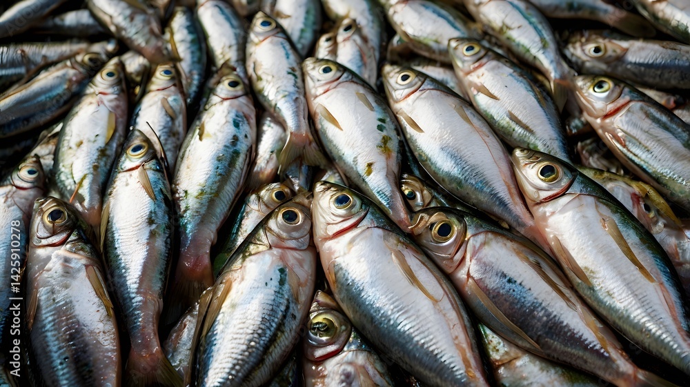 Fototapeta premium Freshly Caught Fish Pile Close Up Silver Color Texture Pattern