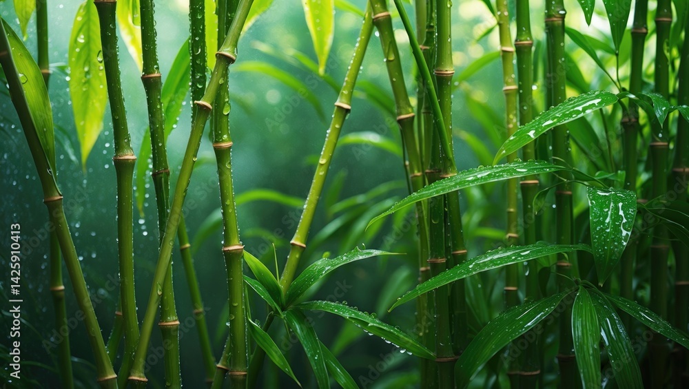 Fototapeta premium Tiny bamboo plants getting rainwater exposure