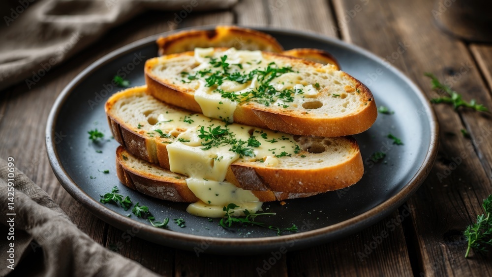 Top view of toasted bread slices with garlic, cheese, and herbs on a table, blank space for text Top view of toasted bread slices with garlic, cheese, and herbs on a table, blank space for text