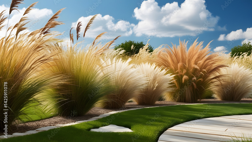 A serene and vibrant grass garden scene featuring tall, flowing ornamental grasses of varying textures and warm, earthy tones, swaying gently in the breeze, set against a bright blue sky with puffy