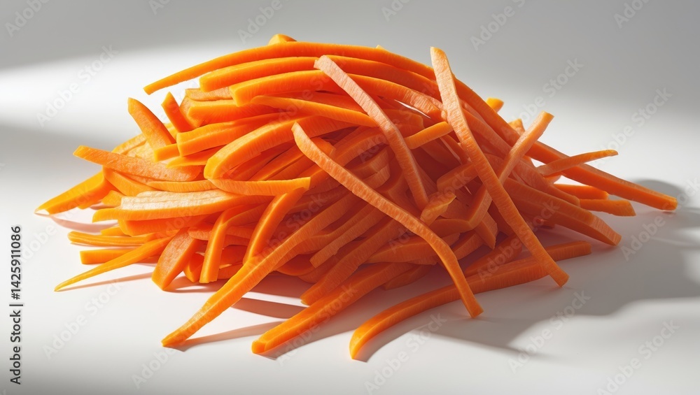 Thinly sliced carrot strips on white background