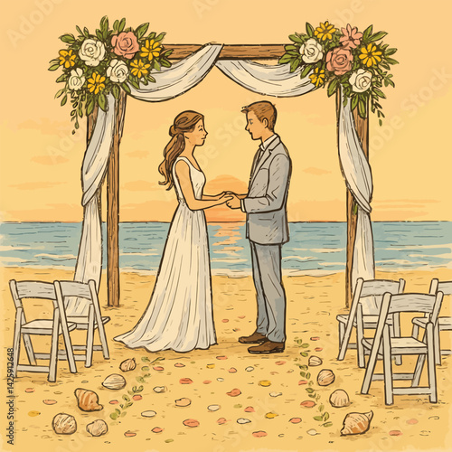 Couple Getting Married at Beach Wedding Ceremony with Sunset Background