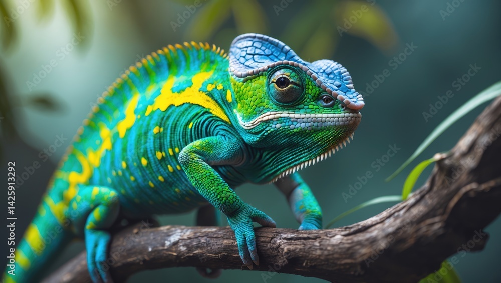 Fototapeta premium Exotic wildlife photograph of a multicolor chameleon on a branch highlighting its natural camouflage
