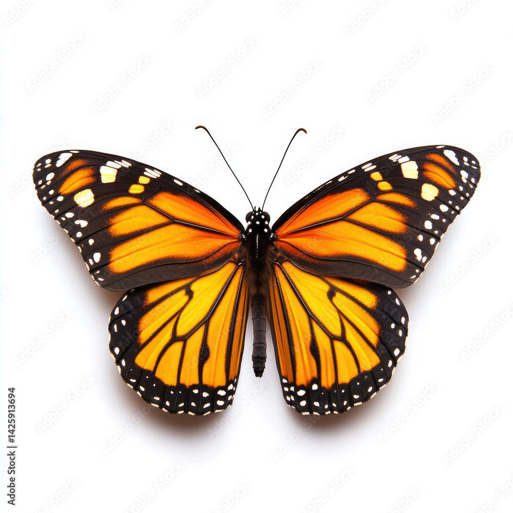 Fototapeta premium Monarch butterfly with vibrant orange wings displaying intricate patterns on white background