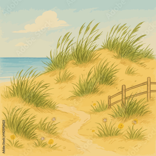 Walking Path Through Grassy Beach Dunes with Ocean View Landscape