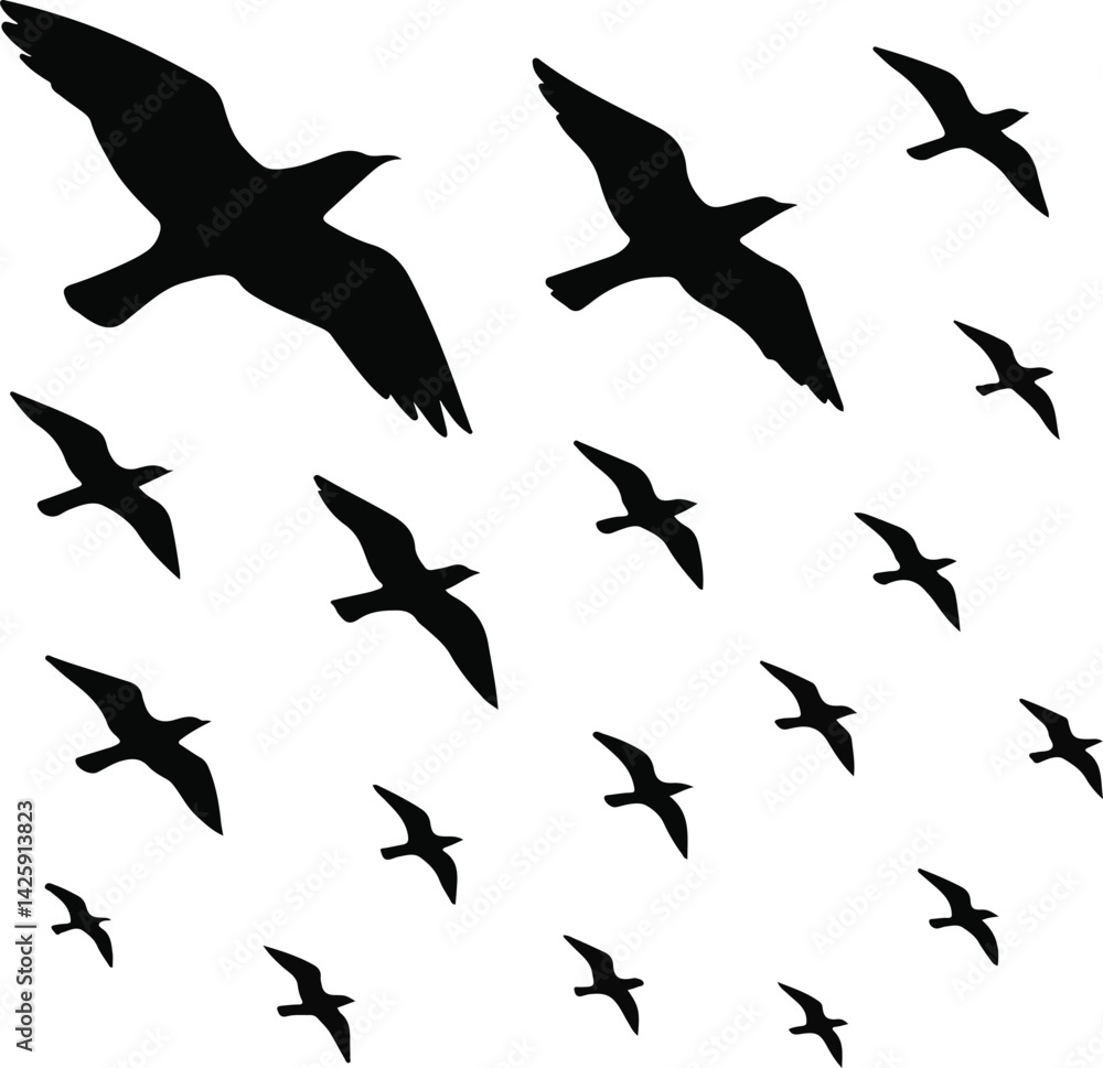 Flying Birds Silhouette Vector – Flock of Birds in Black Minimalist Style Flying Birds Silhouette Vector – Flock of Birds in Black Minimalist Style