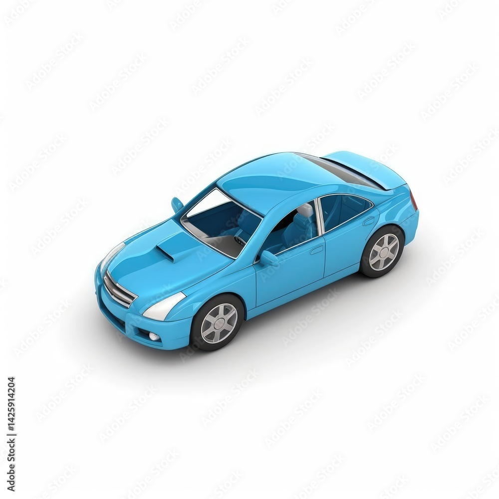 Vibrant blue toy car, isolated on white background.