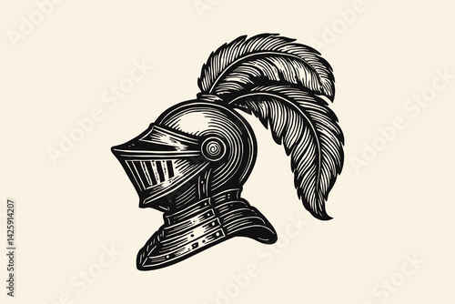  Medieval knight helmet with feathers in vintage engraving style