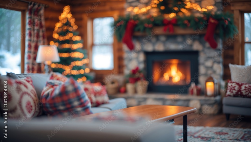Naklejka premium Blurry Background of Warm Cozy Cabin Interior with Festive Decor, Fireplace, and Inviting Seating