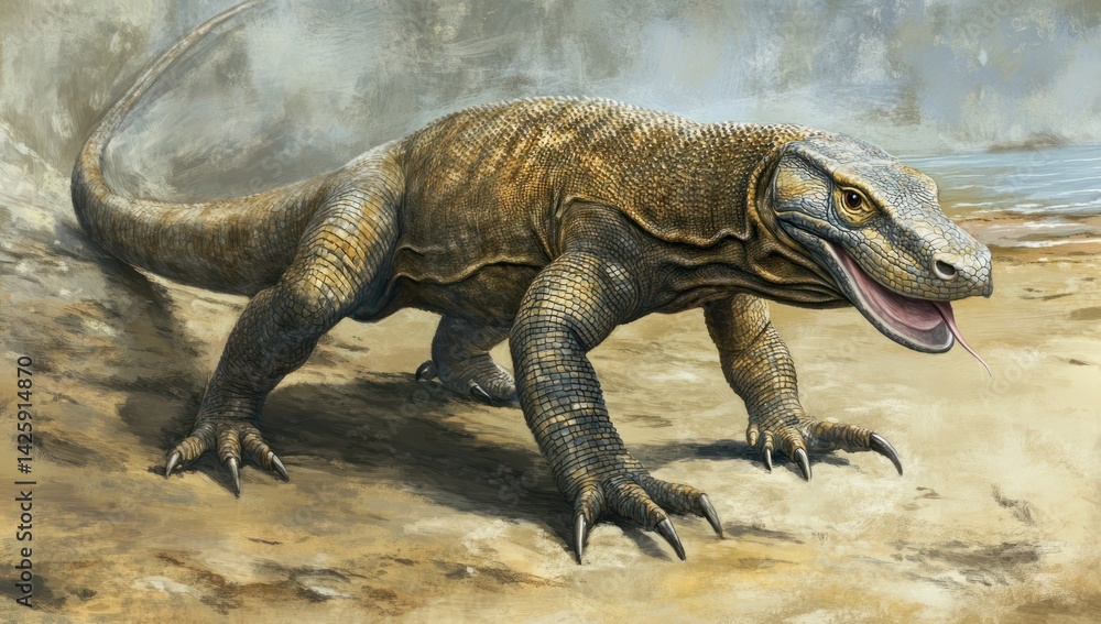 Fototapeta premium Komodo dragon walking beach, misty background, wildlife illustration, stock photo