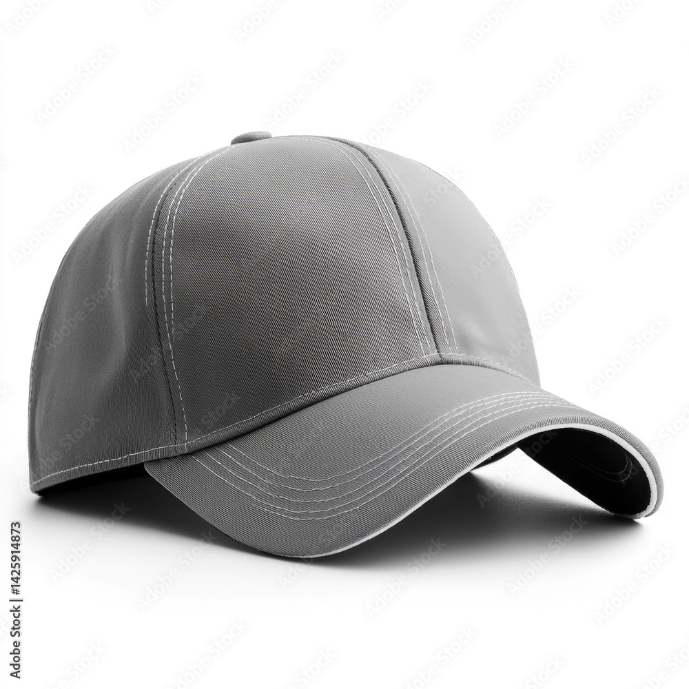 Fototapeta premium Gray baseball cap with curved brim and stitched details on white background