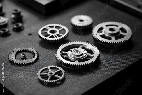 A set of mechanical gears in stages of assembly from scattered parts to a functioning machine