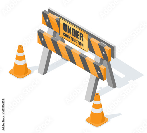 Isometric illustration of a construction barrier with warning sign and traffic cones, representing a caution area or under construction message on white background