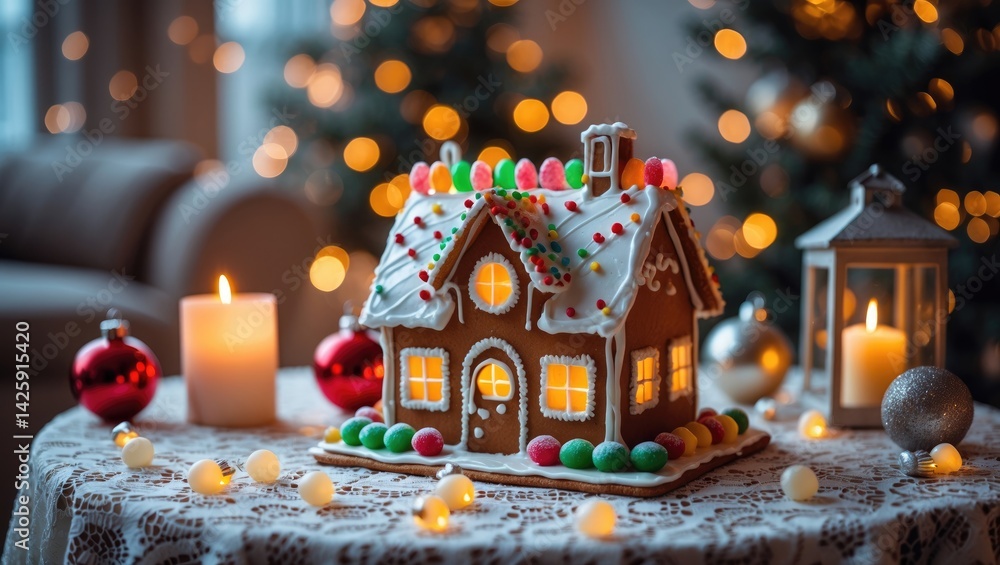 Small gingerbread house with glaze on table surrounded by tablecloth, decorations, candles, and lanterns in a cozy living room with lights and a Christmas tree, creating a holiday atmosphere Small gingerbread house with glaze on table surrounded by tablecloth, decorations, candles, and lanterns in a cozy living room with lights and a Christmas tree, creating a holiday atmosphere